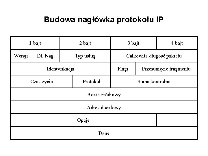 Budowa nagłówka protokołu IP 1 bajt Wersja 2 bajt Dł. Nag. 3 bajt Typ