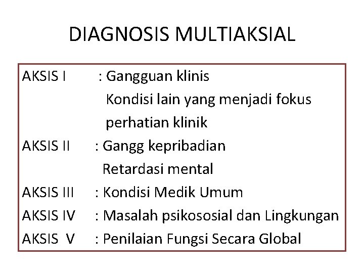 DIAGNOSIS MULTIAKSIAL AKSIS III AKSIS IV AKSIS V : Gangguan klinis Kondisi lain yang