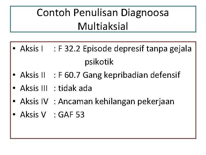 Contoh Penulisan Diagnoosa Multiaksial • Aksis I • • Aksis III Aksis IV Aksis