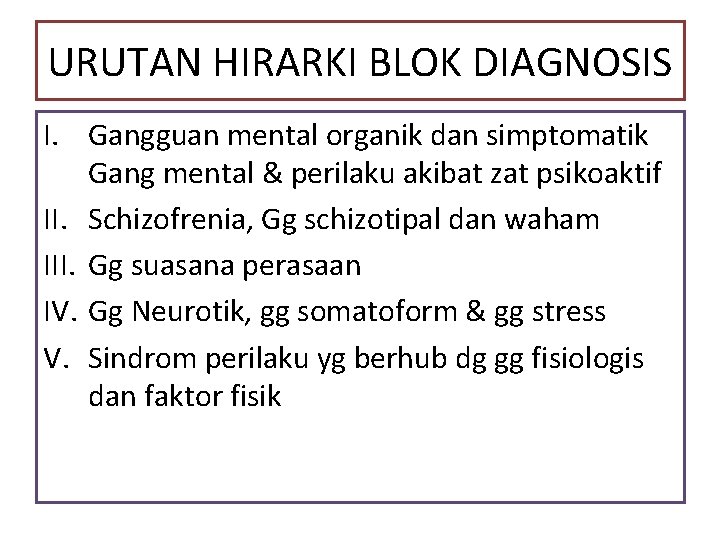 URUTAN HIRARKI BLOK DIAGNOSIS I. Gangguan mental organik dan simptomatik Gang mental & perilaku