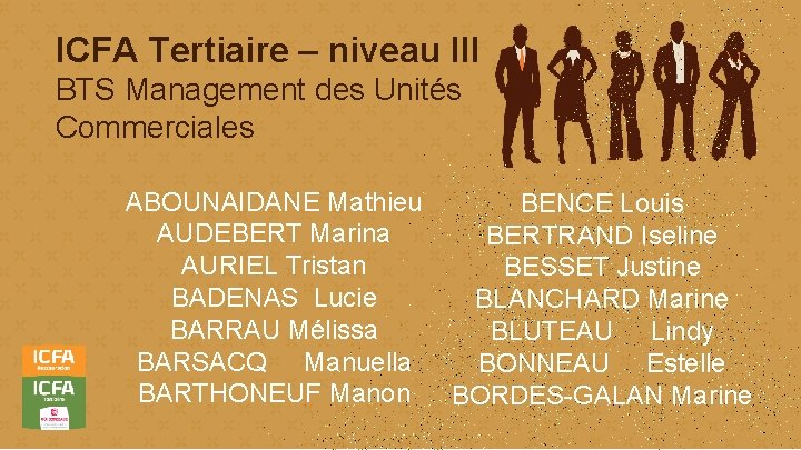 ICFA Tertiaire – niveau III BTS Management des Unités Commerciales ABOUNAIDANE Mathieu AUDEBERT Marina