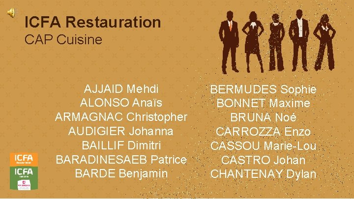 ICFA Restauration CAP Cuisine AJJAID Mehdi ALONSO Anaïs ARMAGNAC Christopher AUDIGIER Johanna BAILLIF Dimitri