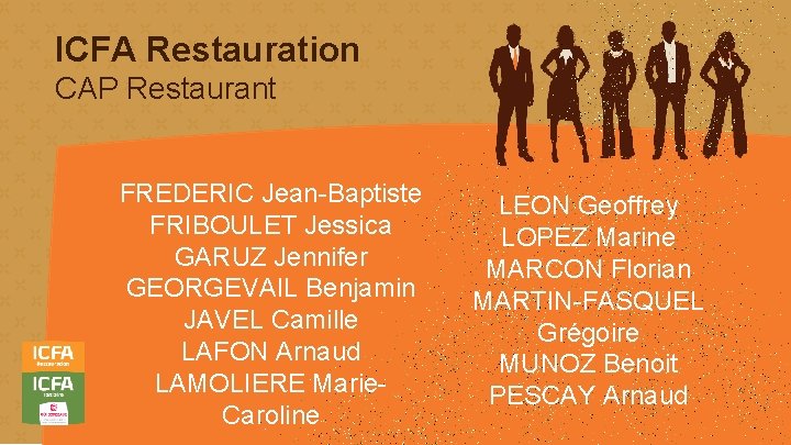 ICFA Restauration CAP Restaurant FREDERIC Jean-Baptiste FRIBOULET Jessica GARUZ Jennifer GEORGEVAIL Benjamin JAVEL Camille