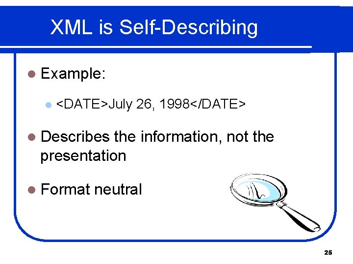 XML is Self-Describing l Example: l <DATE>July 26, 1998</DATE> l Describes the information, not