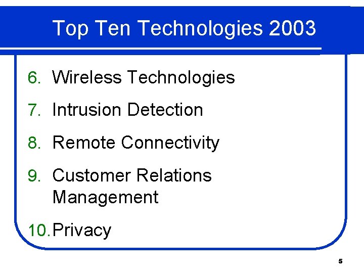 Top Ten Technologies 2003 6. Wireless Technologies 7. Intrusion Detection 8. Remote Connectivity 9.