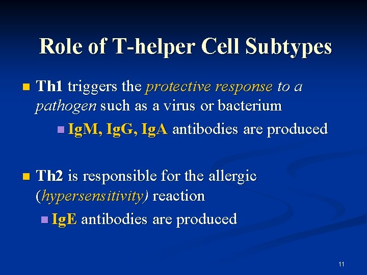 Role of T-helper Cell Subtypes Th 1 triggers the protective response to a pathogen