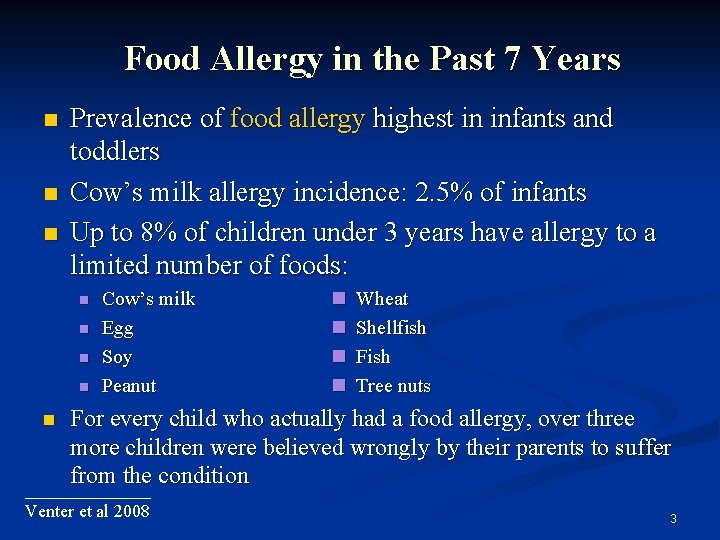 Food Allergy in the Past 7 Years Prevalence of food allergy highest in infants