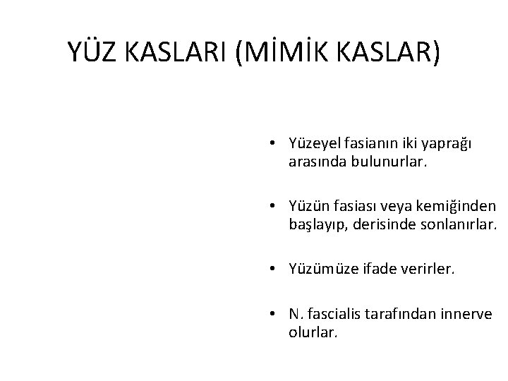 YÜZ KASLARI (MİMİK KASLAR) • Yüzeyel fasianın iki yaprağı arasında bulunurlar. • Yüzün fasiası