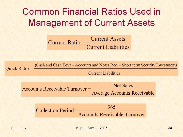 Common Financial Ratios Used in Management of Current Assets Chapter 7 Mugan-Akman 2005 34