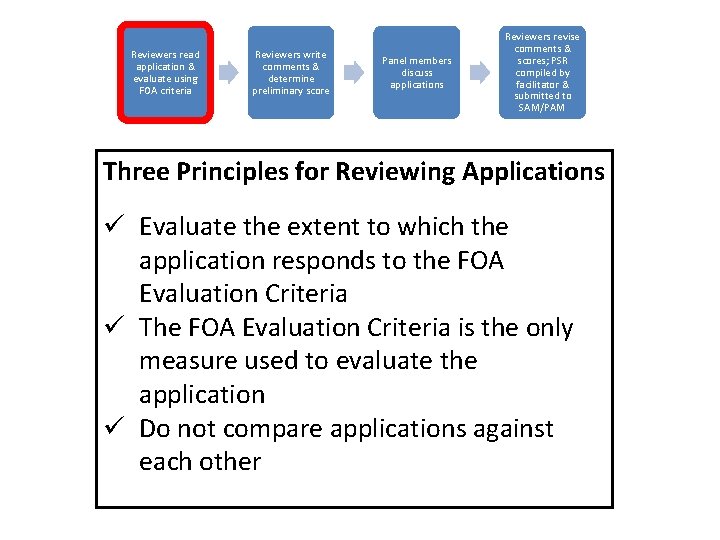 Reviewers read application & evaluate using FOA criteria Reviewers write comments & determine preliminary