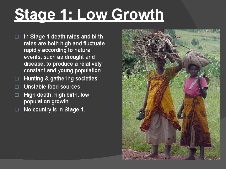 Stage 1: Low Growth � � � In Stage 1 death rates and birth