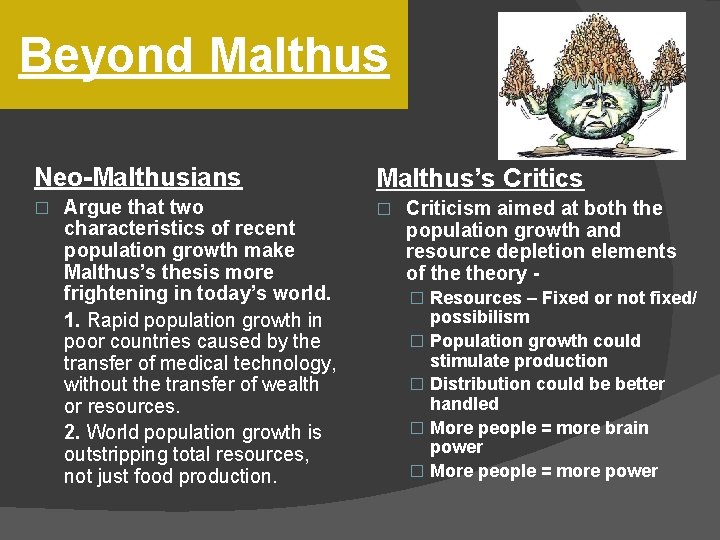 Beyond Malthus Neo-Malthusians � Argue that two characteristics of recent population growth make Malthus’s