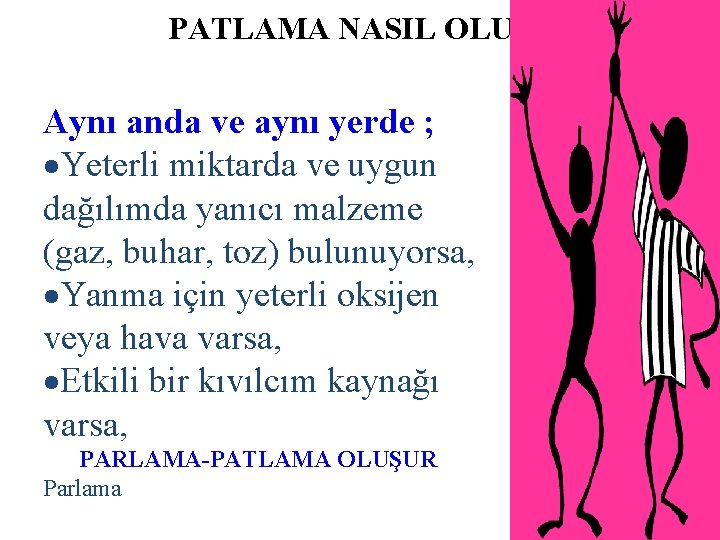 PATLAMA NASIL OLUŞUR ? Aynı anda ve aynı yerde ; ·Yeterli miktarda ve uygun