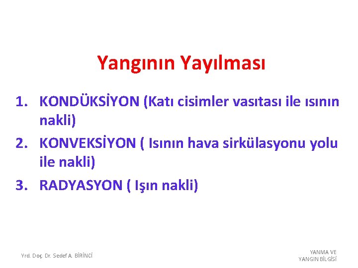 Yangının Yayılması 1. KONDÜKSİYON (Katı cisimler vasıtası ile ısının nakli) 2. KONVEKSİYON ( Isının