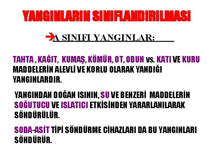 YANGINLARIN SINIFLANDIRILMASI èA SINIFI YANGINLAR: TAHTA , KAĞIT, KUMAŞ, KÖMÜR, OT, ODUN vs. KATI