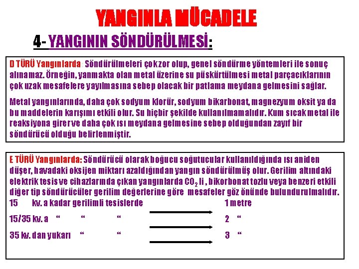 YANGINLA MÜCADELE 4 - YANGININ SÖNDÜRÜLMESİ: D TÜRÜ Yangınlarda: Söndürülmeleri çok zor olup, genel