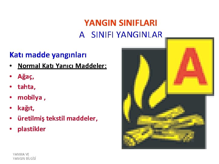 YANGIN SINIFLARI A SINIFI YANGINLAR Katı madde yangınları • • Normal Katı Yanıcı Maddeler: