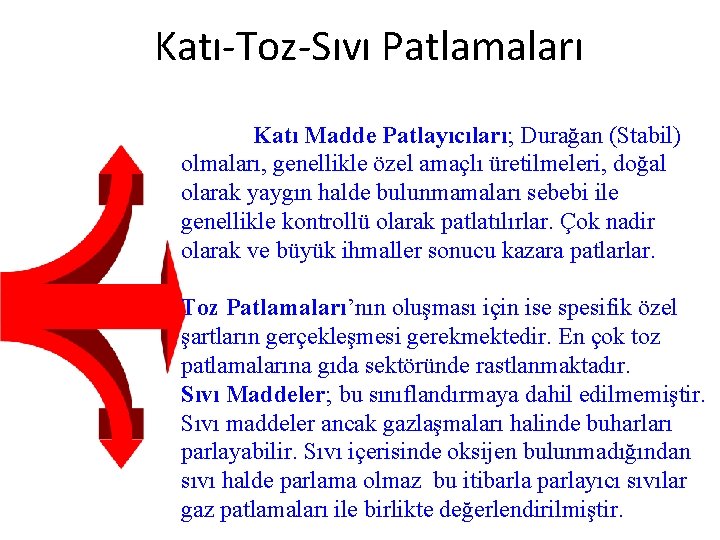 Katı-Toz-Sıvı Patlamaları Katı Madde Patlayıcıları; Durağan (Stabil) olmaları, genellikle özel amaçlı üretilmeleri, doğal olarak