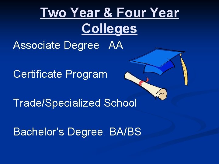 Two Year & Four Year Colleges Associate Degree AA Certificate Program Trade/Specialized School Bachelor’s