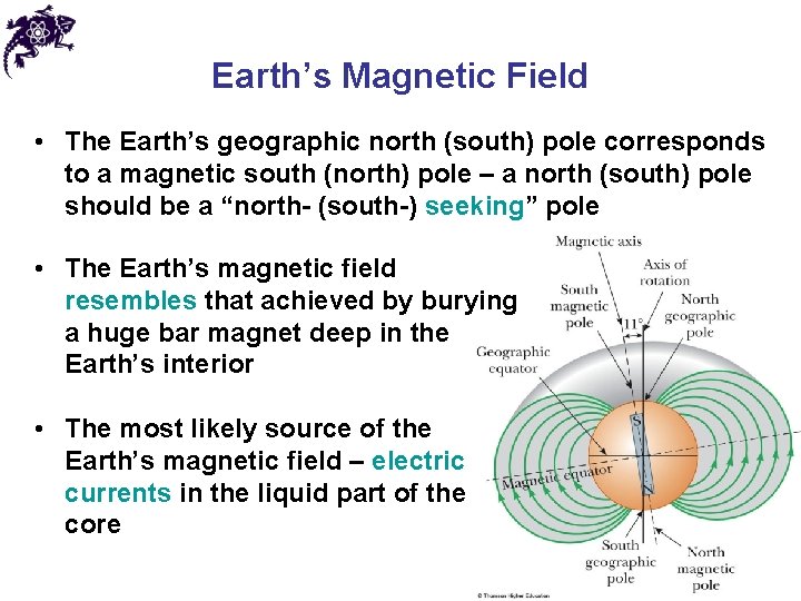 Earth’s Magnetic Field • The Earth’s geographic north (south) pole corresponds to a magnetic