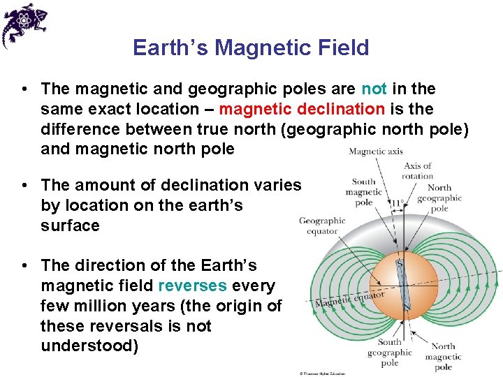 Earth’s Magnetic Field • The magnetic and geographic poles are not in the same