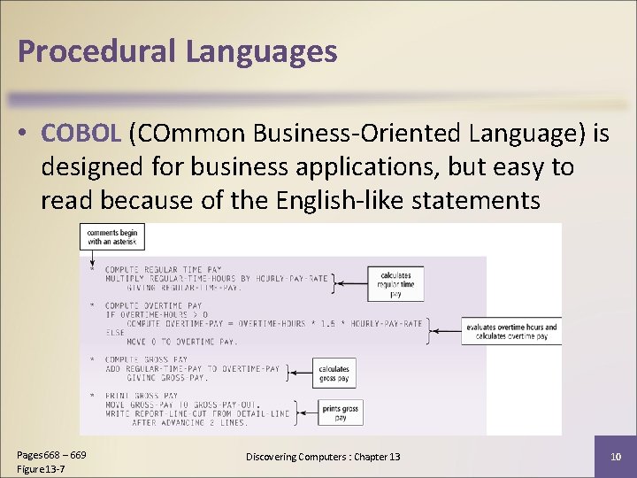 Procedural Languages • COBOL (COmmon Business-Oriented Language) is designed for business applications, but easy