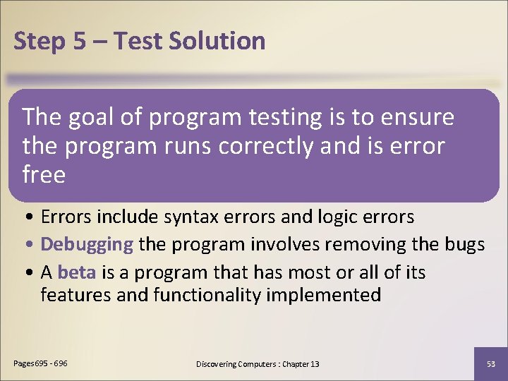 Step 5 – Test Solution The goal of program testing is to ensure the