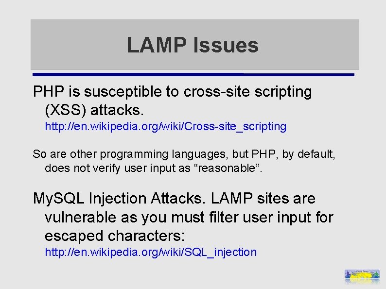 LAMP Issues PHP is susceptible to cross-site scripting (XSS) attacks. http: //en. wikipedia. org/wiki/Cross-site_scripting