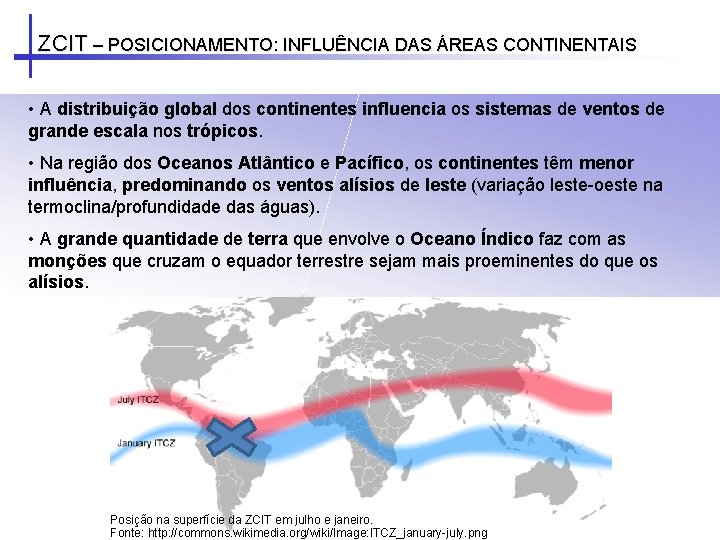 ZCIT – POSICIONAMENTO: INFLUÊNCIA DAS ÁREAS CONTINENTAIS • A distribuição global dos continentes influencia ZCIT – POSICIONAMENTO: INFLUÊNCIA DAS ÁREAS CONTINENTAIS • A distribuição global dos continentes influencia