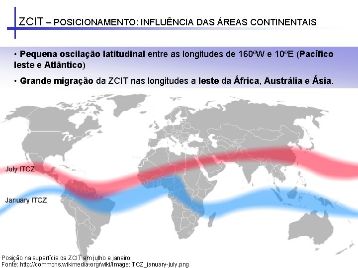 ZCIT – POSICIONAMENTO: INFLUÊNCIA DAS ÁREAS CONTINENTAIS • Pequena oscilação latitudinal entre as longitudes ZCIT – POSICIONAMENTO: INFLUÊNCIA DAS ÁREAS CONTINENTAIS • Pequena oscilação latitudinal entre as longitudes