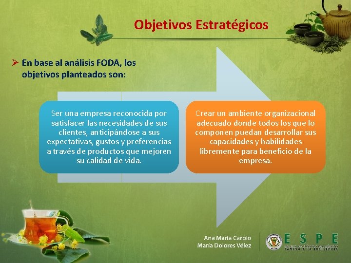Objetivos Estratégicos Ø En base al análisis FODA, los objetivos planteados son: Ser una