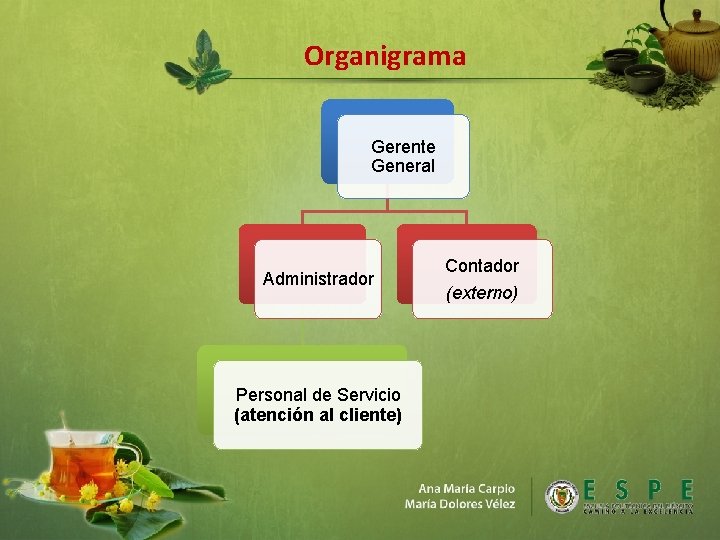 Organigrama Gerente General Administrador Personal de Servicio (atención al cliente) Contador (externo) 