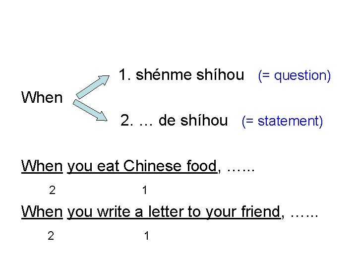 1. shénme shíhou (= question) When 2. … de shíhou (= statement) When you