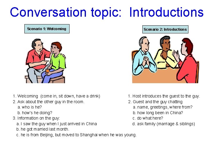 Conversation topic: Introductions Scenario 1: Welcoming Scenario 2: Introductions 1. Welcoming (come in, sit