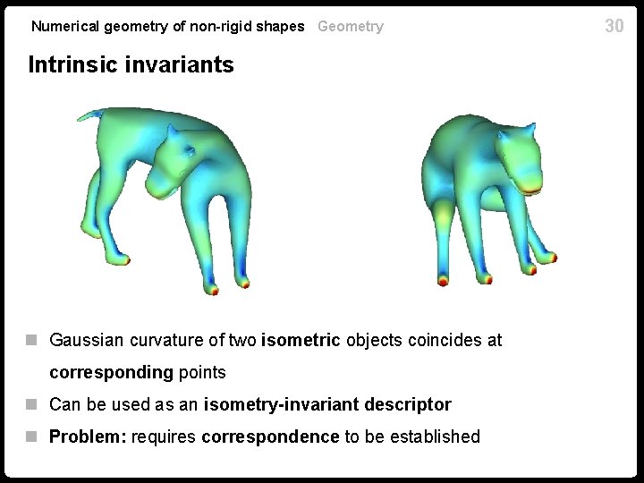 Numerical geometry of non-rigid shapes Geometry Intrinsic invariants n Gaussian curvature of two isometric