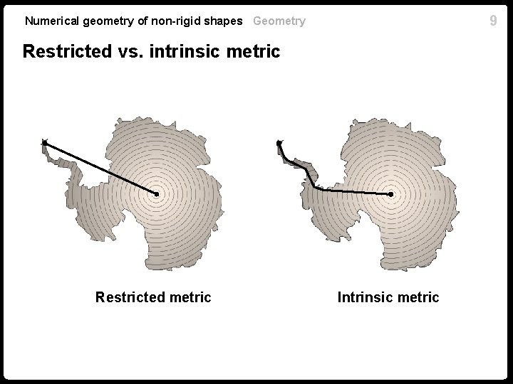 9 Numerical geometry of non-rigid shapes Geometry Restricted vs. intrinsic metric Restricted metric Intrinsic