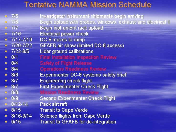 Tentative NAMMA Mission Schedule § § § § § 7/5 7/6 7/7 7/16 7/17 Tentative NAMMA Mission Schedule § § § § § 7/5 7/6 7/7 7/16 7/17