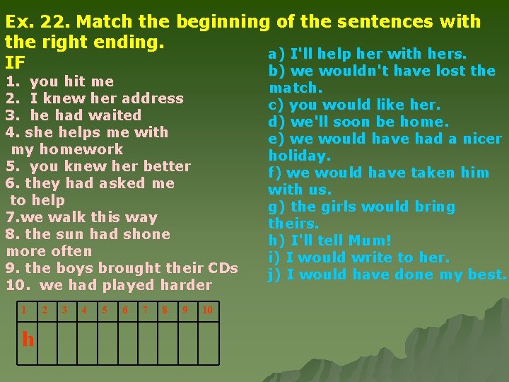 Ex. 22. Match the beginning of the sentences with the right ending. a) I'll