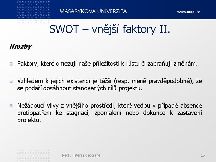 SWOT – vnější faktory II. Hrozby Faktory, které omezují naše příležitosti k růstu či