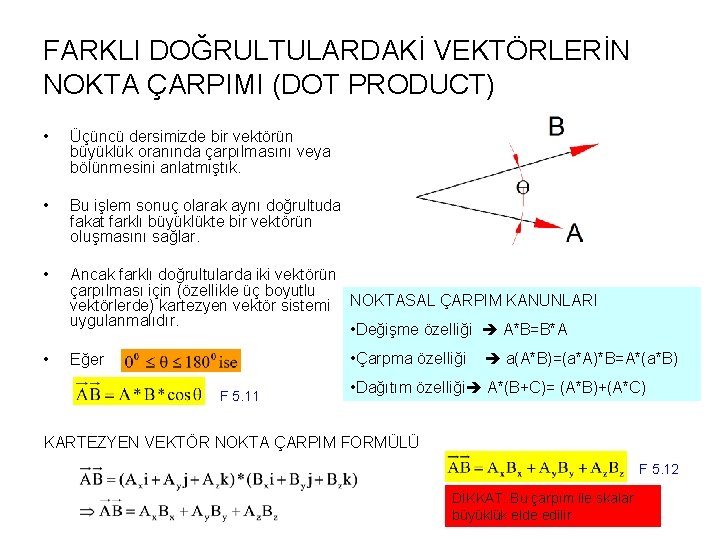 FARKLI DOĞRULTULARDAKİ VEKTÖRLERİN NOKTA ÇARPIMI (DOT PRODUCT) • Üçüncü dersimizde bir vektörün büyüklük oranında