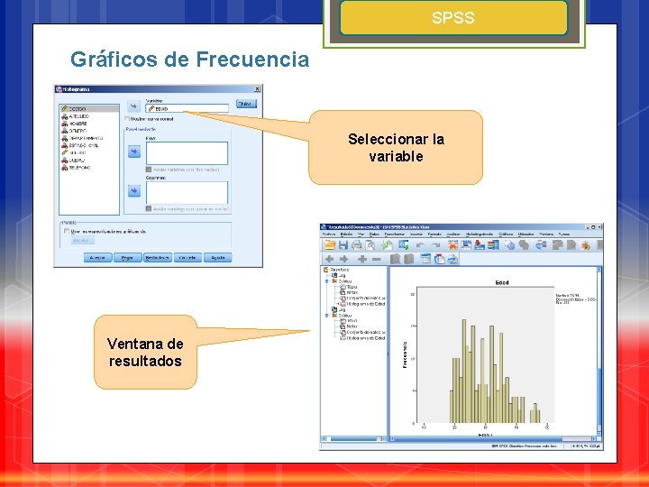 SPSS Gráficos de Frecuencia Seleccionar la variable Ventana de resultados 