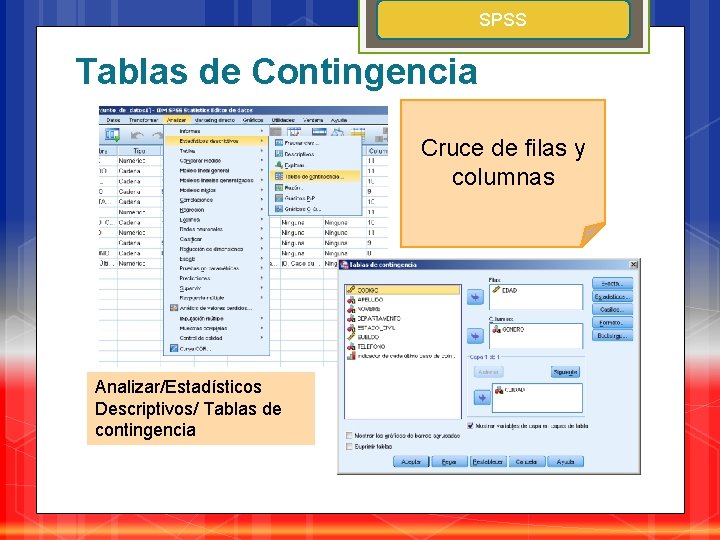 SPSS Tablas de Contingencia Cruce de filas y columnas Analizar/Estadísticos Descriptivos/ Tablas de contingencia