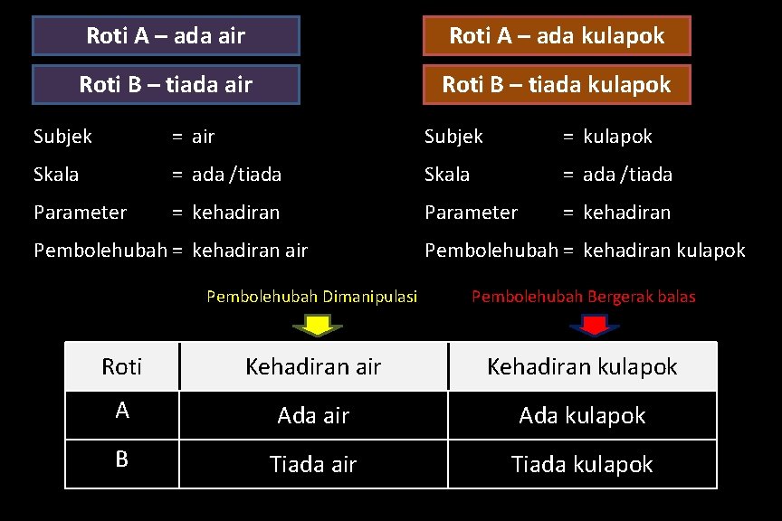 Roti A – ada air Roti A – ada kulapok Roti B – tiada