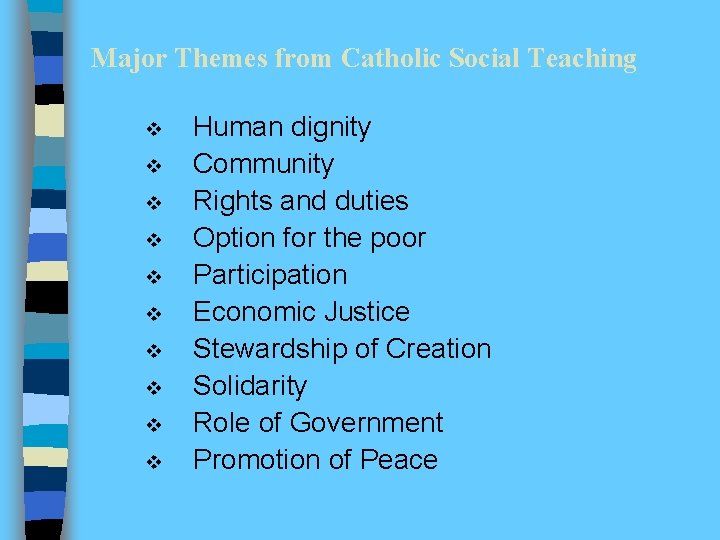 Major Themes from Catholic Social Teaching v v v v v Human dignity Community
