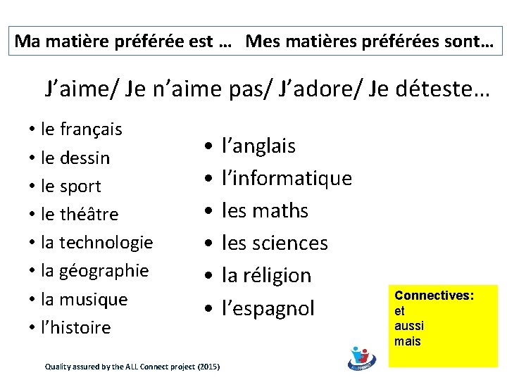 Ma matière préférée est … Mes matières préférées sont… J’aime/ Je n’aime pas/ J’adore/