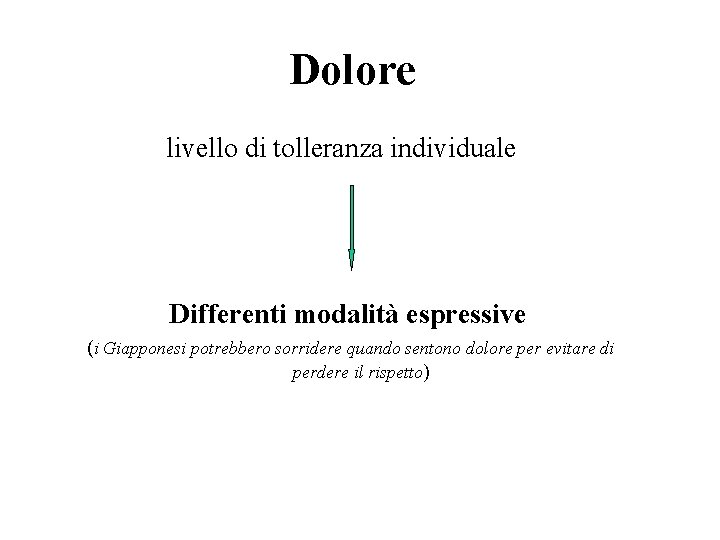 Dolore livello di tolleranza individuale Differenti modalità espressive (i Giapponesi potrebbero sorridere quando sentono