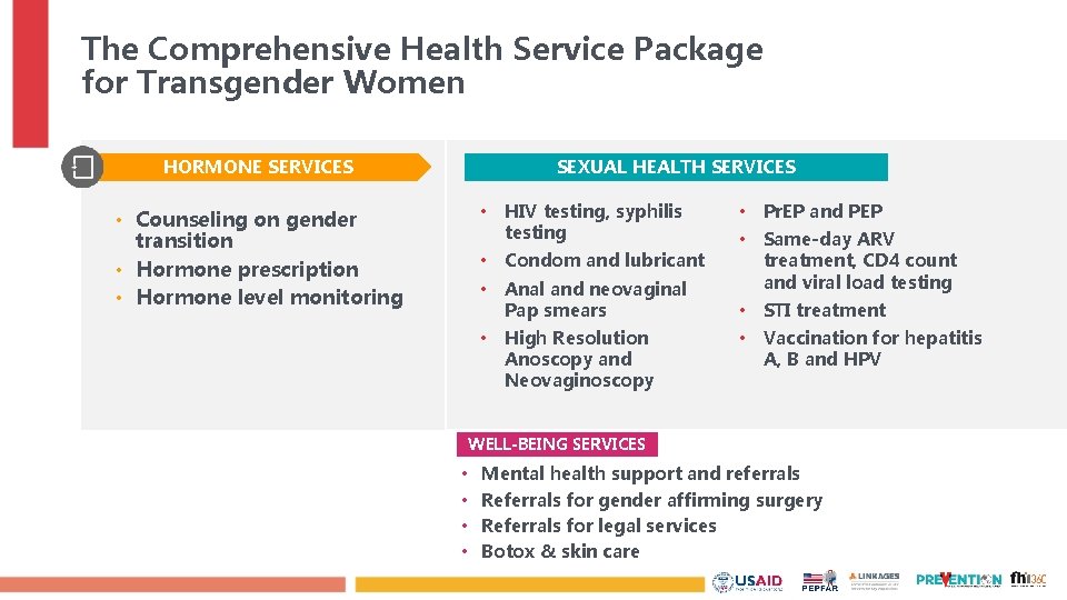 The Comprehensive Health Service Package for Transgender Women HORMONE SERVICES SEXUAL HEALTH SERVICES •