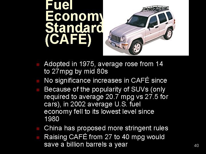 Fuel Economy Standards (CAFÉ) n n n Adopted in 1975, average rose from 14 Fuel Economy Standards (CAFÉ) n n n Adopted in 1975, average rose from 14