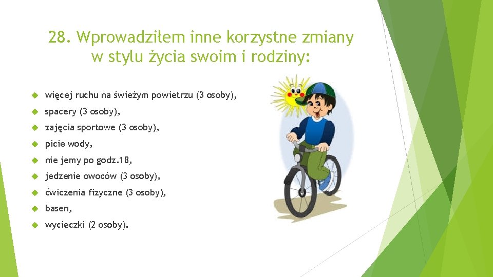 28. Wprowadziłem inne korzystne zmiany w stylu życia swoim i rodziny: więcej ruchu na