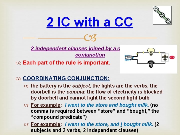 2 IC with a CC 2 independent clauses joined by a coordinating conjunction Each 2 IC with a CC 2 independent clauses joined by a coordinating conjunction Each